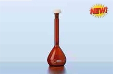 Bình định mức thủy tinh nâu, nút nhựa PE mới, class A, chứng nhận riêng lẻ